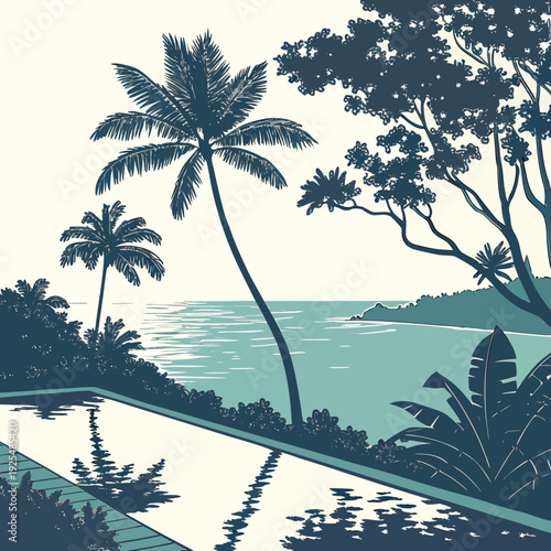 A tropical landscape with palm trees and a body of water