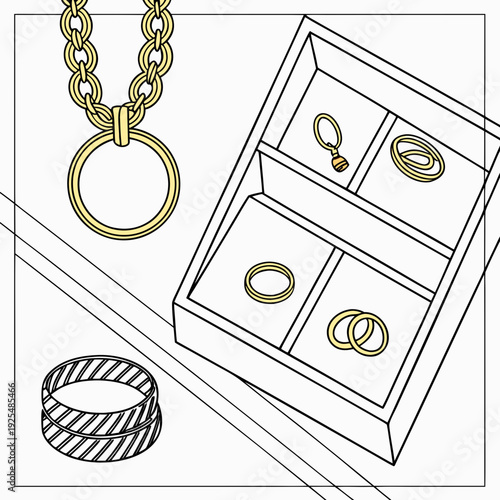 A drawing of a necklace and rings in a jewelry box