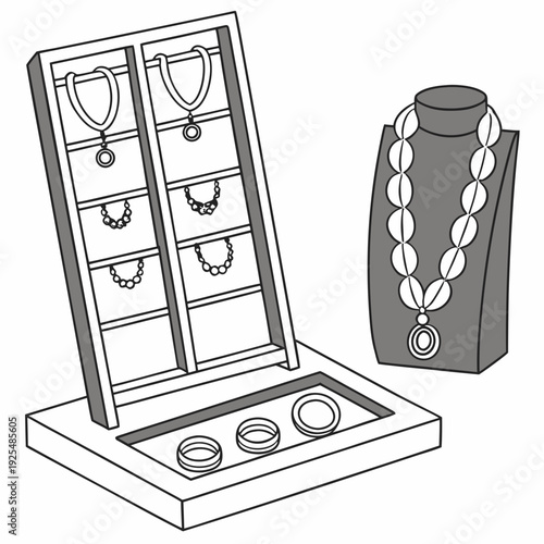 Jewelry display case with necklaces and rings