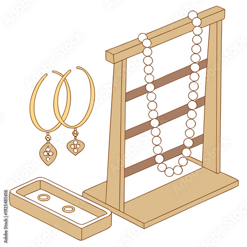 A wooden jewelry display stand with necklaces and earrings