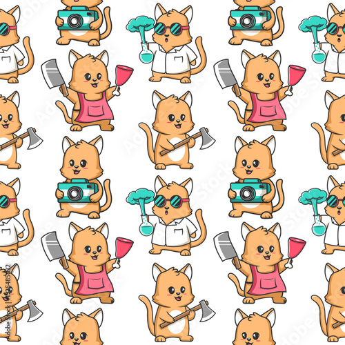 Cute Cat Professions Seamless Pattern