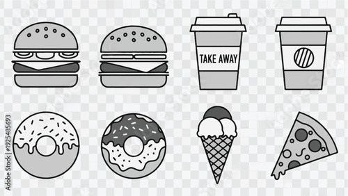 Black-and-White Graphic Featuring Burgers Coffee Cups Donuts Ice Cream Pizza in Checkerboard Layout