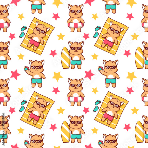 Cute Summer Cat Beach Seamless Pattern