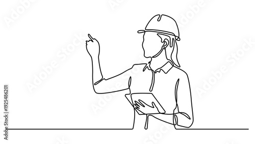 Continuous line art of a female engineer or architect inspecting plans and notes on site. Professional work job occupation. Editable vector