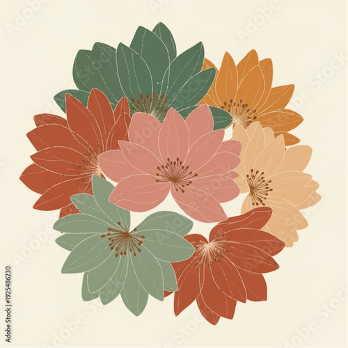 Stylized Digital Floral Wreath Illustration with Six Red Green Pink Flowers Arranged in Circular Pattern for Decorative Design