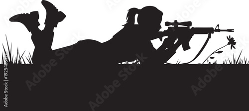 woman Soldier Sniper Silhouette with Rifle Black and White Vector