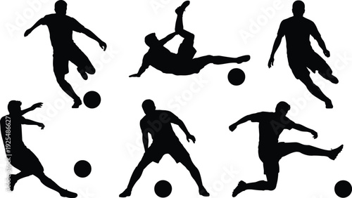 Dynamic soccer player silhouettes in action poses, kicking, dribbling, juggling ball, sports vector illustration, athletic movement design, competitive football artwork, energetic motion