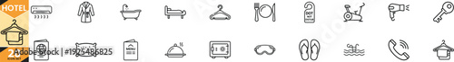 Hotel Line Icons Set ,Modern Minimal Outline Vector Collection with hospitality, room service, bathroom, restaurant, spa and travel symbols. Perfect for hotel website, booking app, resort branding