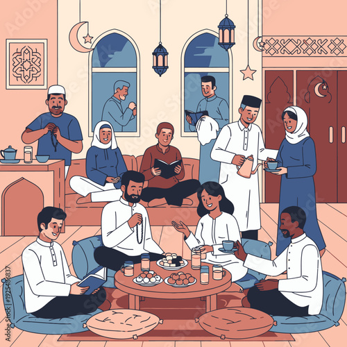 A group of people gathered for iftar during Ramadan in a traditional setting.