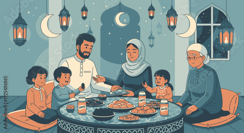 A Muslim family gathering for iftar during Ramadan.