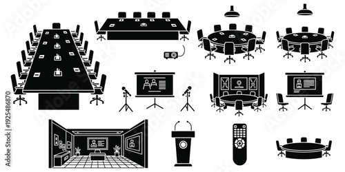 Conference room icon silhouette illustration, corporate meeting artwork, professional communication design tribute, office collaboration concept, workplace setup flat vector illustration