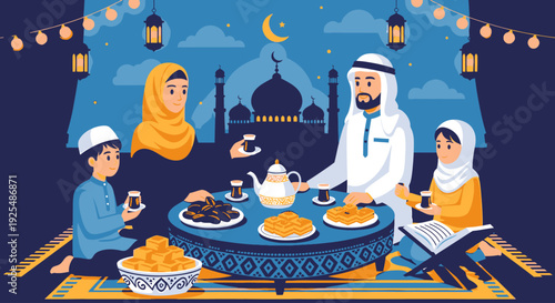 Muslim family breaking fast during Ramadan.