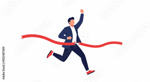 A man in a suit crosses a red finish line with his arm raised in a gesture of victory and success.