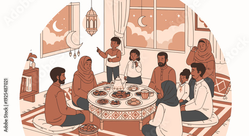 A Muslim family gathering for iftar during Ramadan.