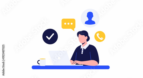 A person working on a laptop with communication and support icons around them.