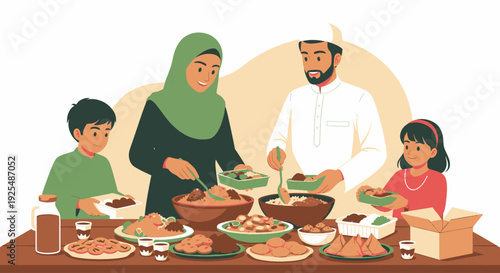 A Muslim family sharing a meal together.
