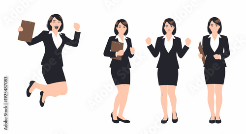 Four illustrations of a professional businesswoman in various poses, including jumping with excitement and standing confidently.