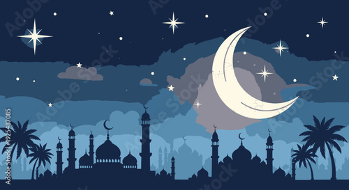 A serene nighttime scene of a mosque under a crescent moon and stars.