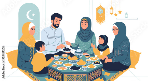Muslim family gathering for iftar meal.