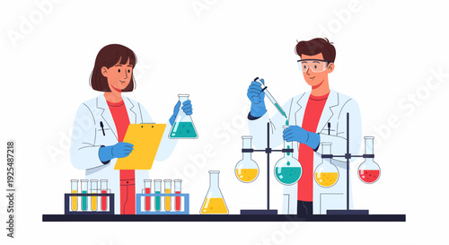 Two scientists conducting experiments in a chemistry laboratory with various beakers, flasks, and test tubes.
