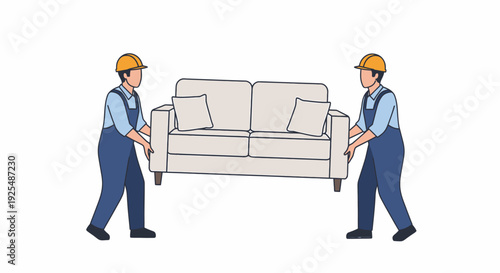 Two men in work uniforms carrying a beige sofa, illustrating moving services or furniture delivery.