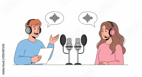 Two people recording a podcast or radio show with microphones and headphones.