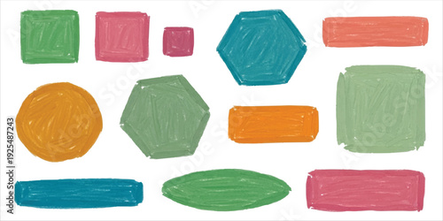 Assortment of simple, textured geometric shapes in muted colors, perfect for abstract backgrounds and design elements.