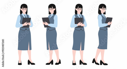 A professional woman in business attire holding a folder, depicted in four different standing poses.