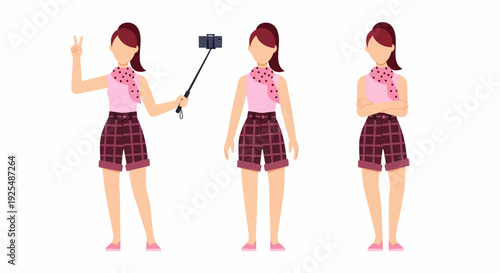 Three cartoon illustrations of a young woman posing with a selfie stick and in various stances.