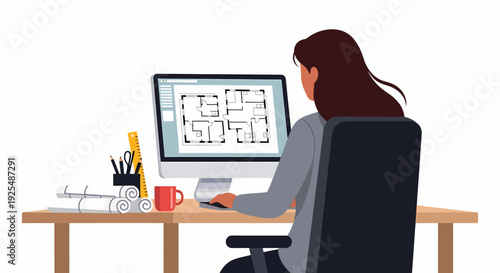 A woman architect or designer working on a floor plan on her computer at an office desk.