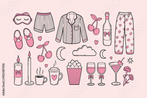 Pink Pajama Party Doodle Icon Set. Sleepover Elements Featuring Pajamas, Slippers, Eye Mask, Wine, Popcorn, Candles, Cherries, Hearts and More. Cute Hand Drawn Vector Illustration. Editable Stroke.