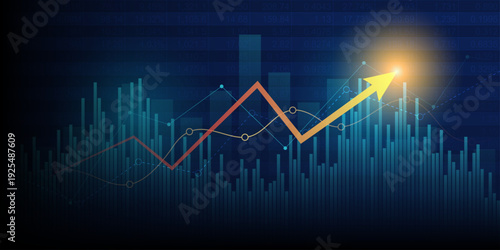 moving up arrow financial chart with stock market graph on blue color background