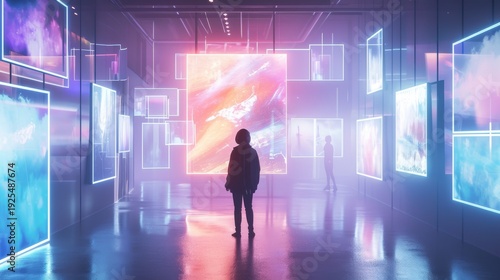 Modern digital art gallery with glowing abstract visuals