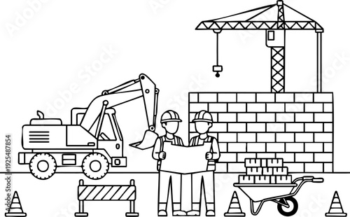 Black and white line art illustration of two construction workers in hard hats reviewing blueprints at a construction site with an excavator, crane, and brick wall, conveying planning and development.