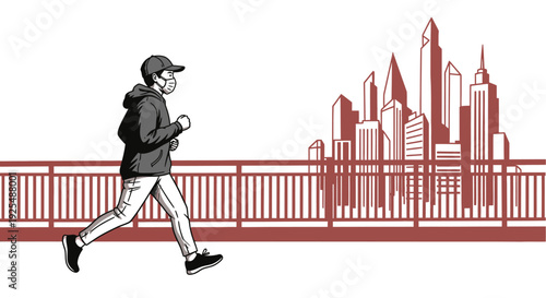 Runner wearing mask in city illustration with skyline on a bridge