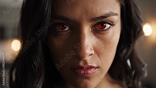 Close-up of woman with red eyes looking intensely forward, indoors with blurred lights in background, possibly for supernatural or dramatic use