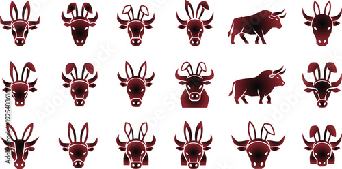 Collection of red bull and cow head silhouettes and body illustrations on white background