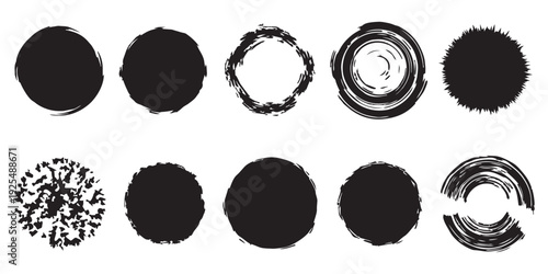 Collection of Textured and Plain Black Circles and Rings for Design Backgrounds