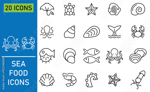 Collection of black line icons depicting various seafood. Containing lobster, salmon, tuna, shrimp, scale, squid octopus, oyster and more. Featuring icon of various food product classification. Vector