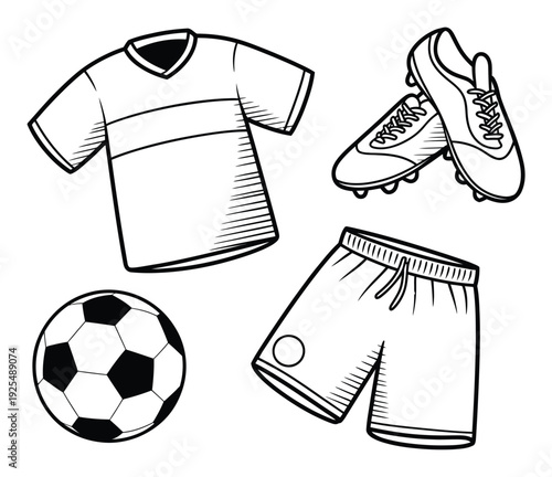 Hand-drawn of soccer equipment: jersey, shorts, cleats, and ball