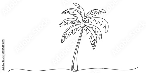 A minimalist black and white sketch of a palm tree with long fronds on a simple horizon line.