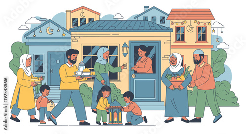 Diverse family and friends interacting outside home.