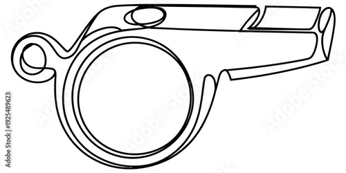 A simple black and white line drawing of a classic pea whistle with a lanyard loop.