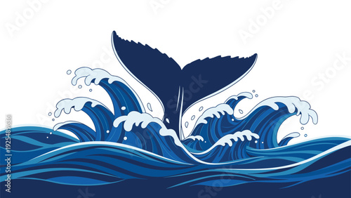 Large blue whale tail splashing into the ocean waves creating white foam and spray against a clean white background in a simplified style.