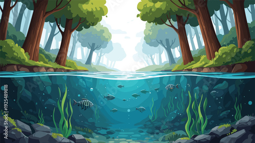 Beautiful underwater river scene with several fish swimming among green aquatic plants under a lush forest canopy with sunbeams filtering.
