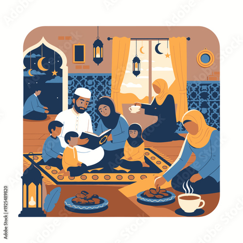 A Muslim family breaking their fast together.