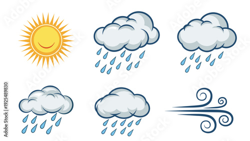 Set of weather icons including a smiling sun, various clouds with raindrops, and a wind symbol to represent different weather conditions.