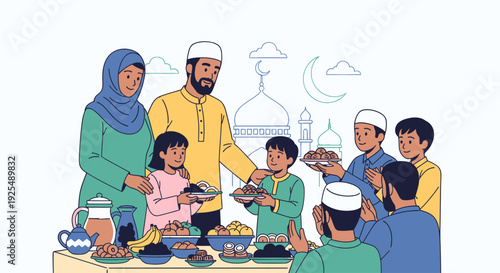 Muslim family breaking fast together.
