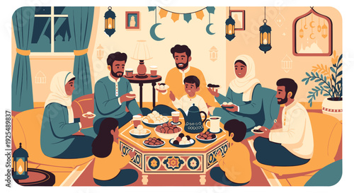 Family gathering for iftar during Ramadan.