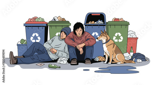 Scene depicting homelessness where two people and their dog sit dejectedly on the ground in front of several large colorful recycling bins.